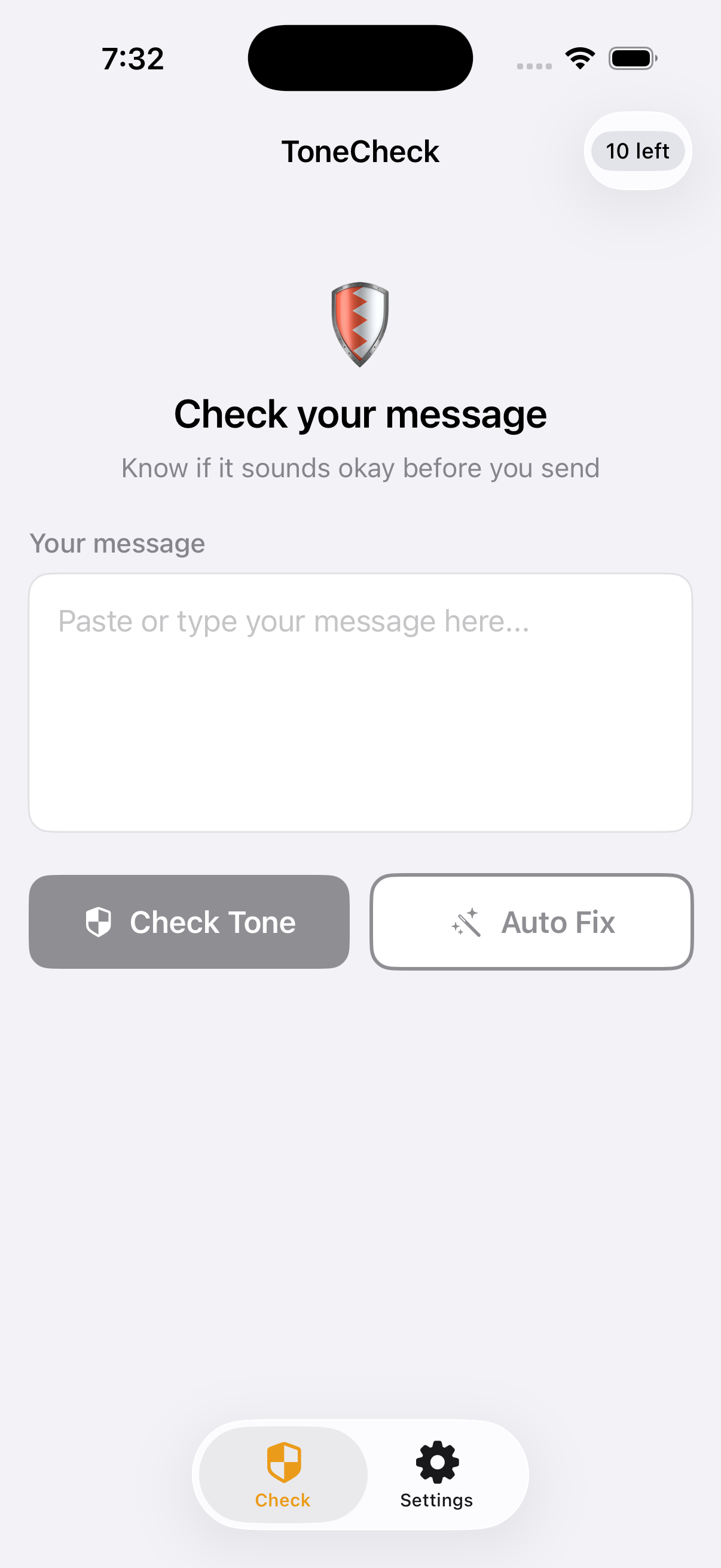 ToneCheck iOS App - Free Grammar Checker Home Screen