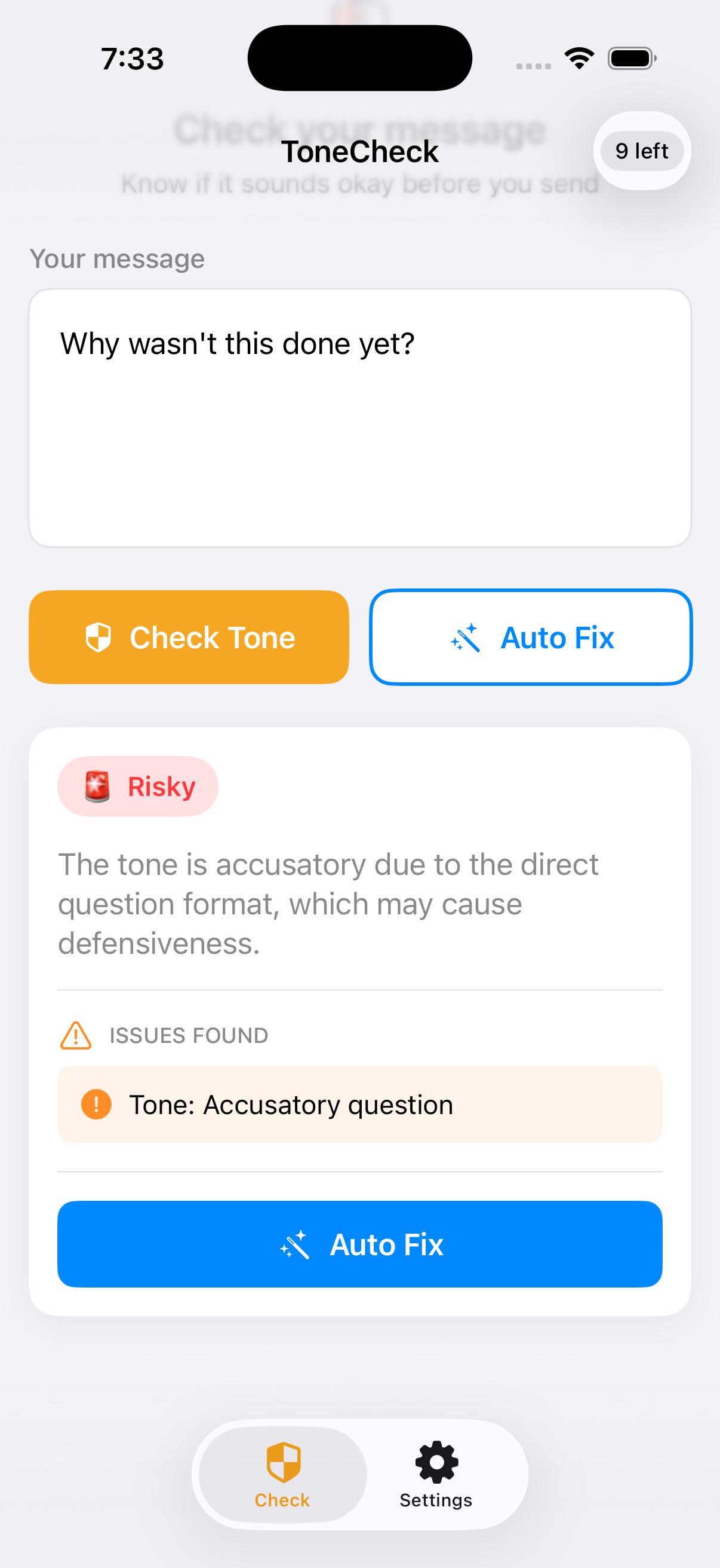 ToneCheck Grammar and Tone Analysis Result